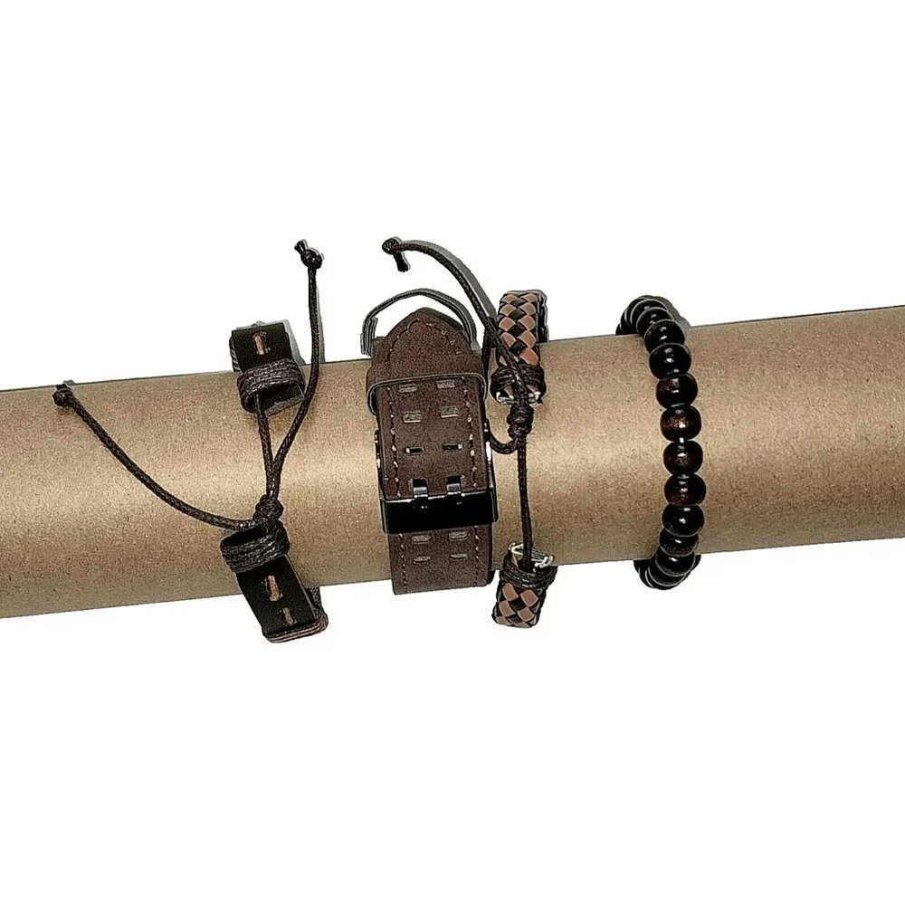 Men's Quartz Watch Bracelets Brown Leather Set